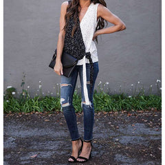 Fashion Gored Sleeveless V neck Point print T-Shirts