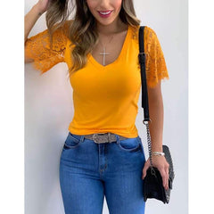 Fashion Pure V neck Lace Short sleeve T-Shirts