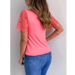 Fashion Pure V neck Lace Short sleeve T-Shirts