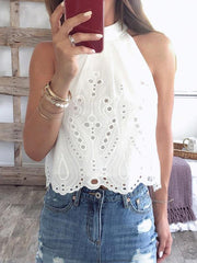 Women banc neck white hollow out vests