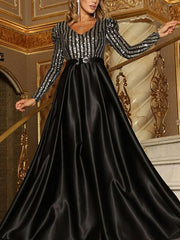 Deep V big swing sexy sequined long sleeve evening dresses