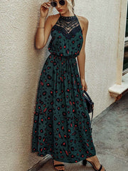 Fashion Print Lace Halter Sleeveless Skater Maxi Dresses