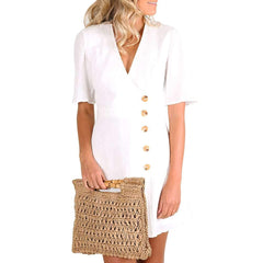 Fashion Pure V neck Short sleeve Fastener Shift Dresses