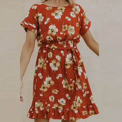 Casual Print Round neck Short sleeve Lacing Skater Dresses