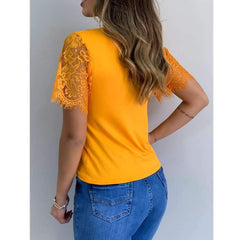 Fashion Pure V neck Lace Short sleeve T-Shirts