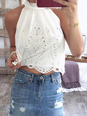 Women banc neck white hollow out vests