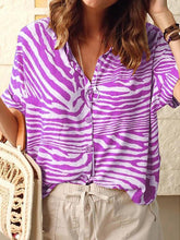 Zebra Stripe Printed Turn Down Collar Short Sleeve Blouses