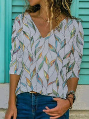 Elegant v neck leaf printed women long sleeve T-shirts