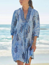 Casual Print V neck Three quarter sleeve Shift Dresses