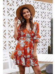 Fashion Casual Print V neck Half sleeve Backless Skater Dresses
