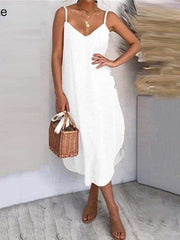 Pure Sexy Casal V neck Vest Sleeveless Fastener Irregular Maxi Dresses
