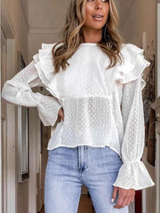 Fashion Pure Round neck Falbala Long sleeve Blouses