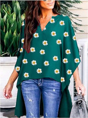 Casual Loose V neck Print Irregular Blouses