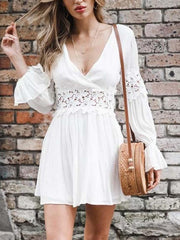 Chic White Long sleeve v-neck lace patchwork Min Skater dresses