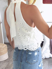 Women banc neck white hollow out vests