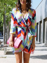 Casual Loose Print V neck Lacing Long sleeve Shift Dresses