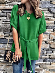 Loose short sleeve v-neck bat sleeves plus-size Tie blouses