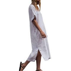 Casual Loose Pure V neck Short sleeve Vent Maxi Dresses