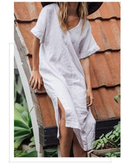 Casual Loose Pure V neck Short sleeve Vent Maxi Dresses