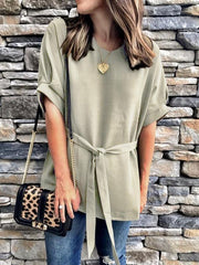 Loose short sleeve v-neck bat sleeves plus-size Tie blouses