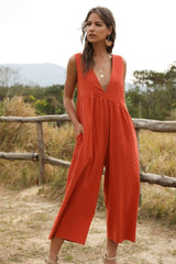 Casual Loose Pure V neck Sleeveless Jumpsuits