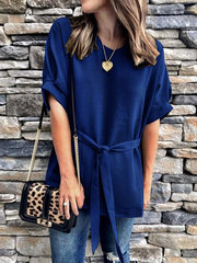 Loose short sleeve v-neck bat sleeves plus-size Tie blouses