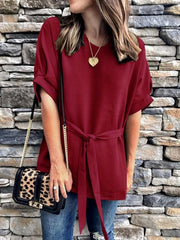 Loose short sleeve v-neck bat sleeves plus-size Tie blouses
