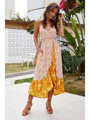Fashion Print V neck Sleeveless Gored Vacation Dresses