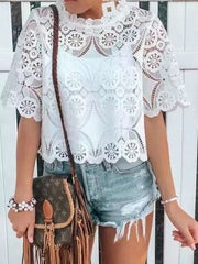 Casual Lace Hollow out Round neck Short sleeve T-Shirts