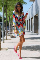 Casual Loose Print V neck Lacing Long sleeve Shift Dresses