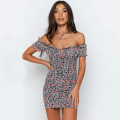 Sexy Print One shoulder Lacing Short sleeve Bodycon Dresses