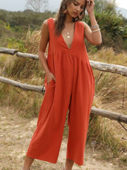 Casual Loose Pure V neck Sleeveless Jumpsuits