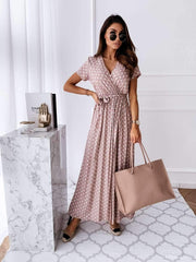 Fashion Point print V neck Short sleeve Lacing Maxi Dresses