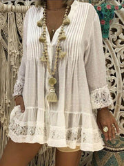 V Neck Long Sleeve Chiffon Lace Hem Blouse