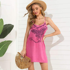 Casual V neck Vest Embroidery Shift Dresses