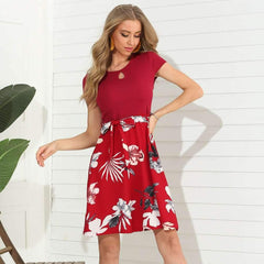 Fashion Print Gored Short sleeve Round neck Skater Dresses