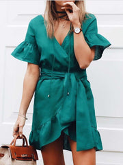 Fashion Pure V neck Short sleeve Falbala Lacing Skater Dresses