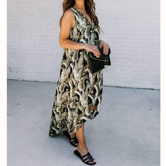 Fashion Print V neck Irregular Sleeveless Maxi Dresses