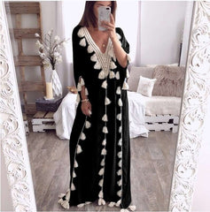 Fashion Casual V neck Long sleeve Macrame Maxi Dresses