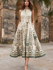 Fashion Print Lapel Lacing Sleeveless Maxi Dresses