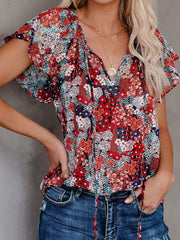 Fashion Print V neck Short sleeve Blouses