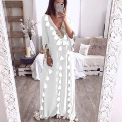 Fashion Casual V neck Long sleeve Macrame Maxi Dresses
