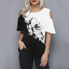 Casual Print Round neck Off shoulder Short sleeve T-Shirts