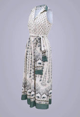 Fashion Print Lapel Lacing Sleeveless Maxi Dresses