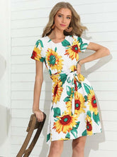 Fashion Print Round neck Lacing Short sleeve Skater Dresses