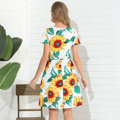 Fashion Print Round neck Lacing Short sleeve Skater Dresses