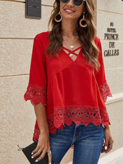 Fashion Pure V neck Lace Hollow out Half sleeve Blouses