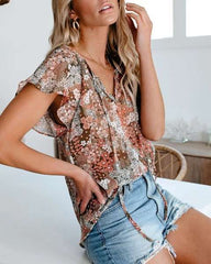 Fashion Print V neck Short sleeve Blouses