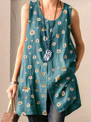 Casual Loose Round neck Print Vent Sleeveless Blouses