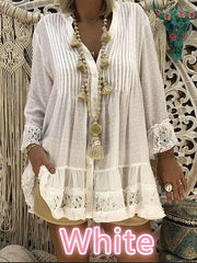 V Neck Long Sleeve Chiffon Lace Hem Blouse